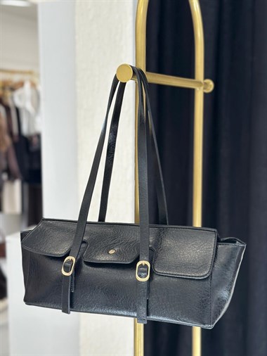 Siyah Kemer Tokalı Diktörtgen Kadın El Ve Omuz Çantası