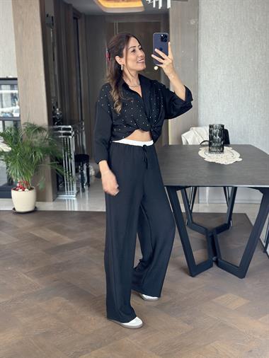 Siyah Kemeri Beyaz Detay Lastikli  Aerobin Kadın Pantolon