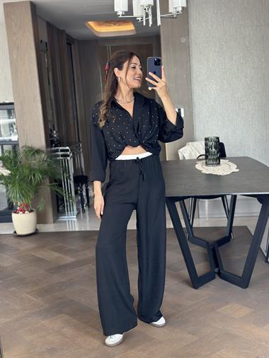 Siyah Kemeri Beyaz Detay Lastikli  Aerobin Kadın Pantolon