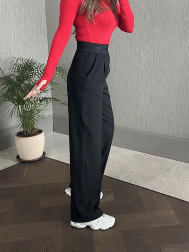 Siyah Kemeri Geniş Lastikli Cepli Palazzo Kadın Kumaş Pantolon