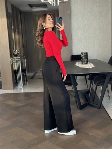 Siyah Kemeri Kuşgözlü Önü Dikiş Detay Palazzo Kadın Pantolon