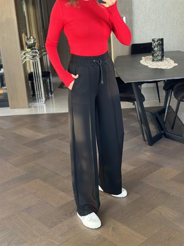 Siyah Kemeri Kuşgözlü Önü Dikiş Detay Palazzo Kadın Pantolon