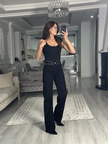 Siyah Kemeri Troklu Wide Leg Kadın Jean Pantolon