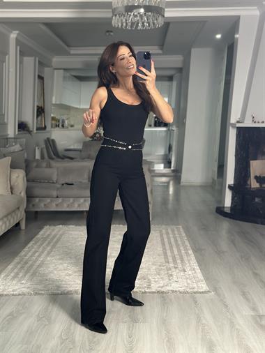 Siyah Kemeri Troklu Wide Leg Kadın Jean Pantolon