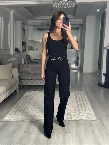 Siyah Kemeri Troklu Wide Leg Kadın Jean Pantolon