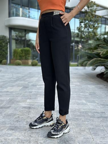 Siyah Kemeri Yazılı Keten Kadın Pantolon