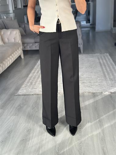 Siyah Kemerli Cepli Manşetli Paça Kadın Kumaş Pantolon