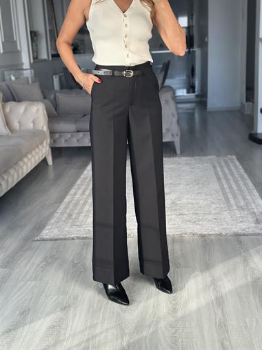 Siyah Kemerli Cepli Manşetli Paça Kadın Kumaş Pantolon