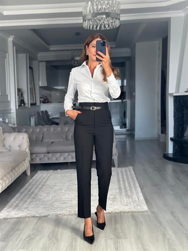 Siyah Kemerli Flatolu Kadın Kumaş Pantolon