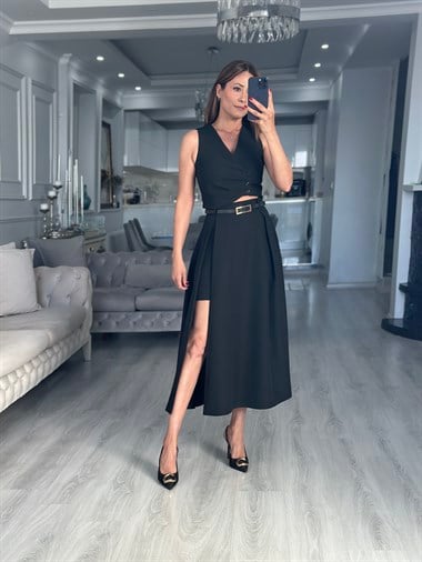 Siyah Kemerli Kalın Pileli Midi Boy Kadın Etek