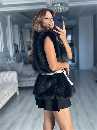 Siyah Kemerli Sıfır Kol Kürk Kadın Yelek