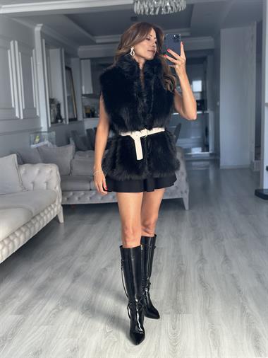 Siyah Kemerli Sıfır Kol Kürk Kadın Yelek
