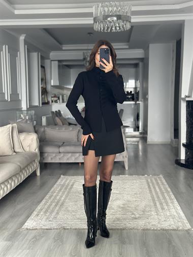 Siyah Kendinden Büzgülü Düğmeli Kadın Triko Hırka