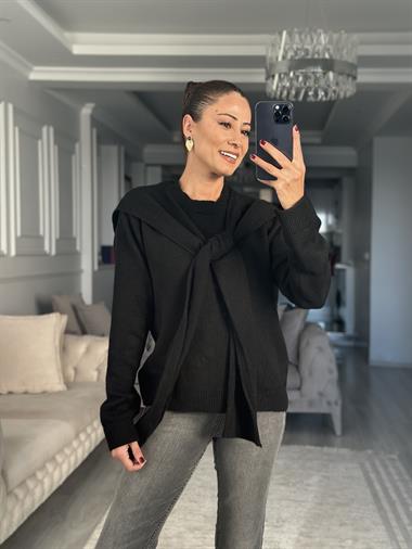 Siyah Kendinden Şal Detaylı Kadın Triko Kazak