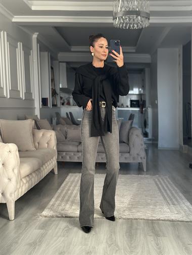 Siyah Kendinden Şal Detaylı Kadın Triko Kazak