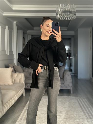 Siyah Kendinden Şal Detaylı Kadın Triko Kazak