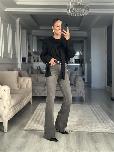 Siyah Kendinden Şal Detaylı Kadın Triko Kazak