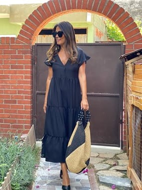 Siyah Keten Aerobin V Yaka Maksi Boy Katlı Kadın Elbise