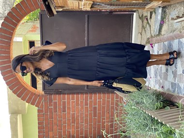 Siyah Keten Aerobin V Yaka Maksi Boy Katlı Kadın Elbise