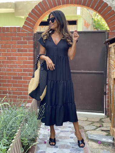 Siyah Keten Aerobin V Yaka Maksi Boy Katlı Kadın Elbise