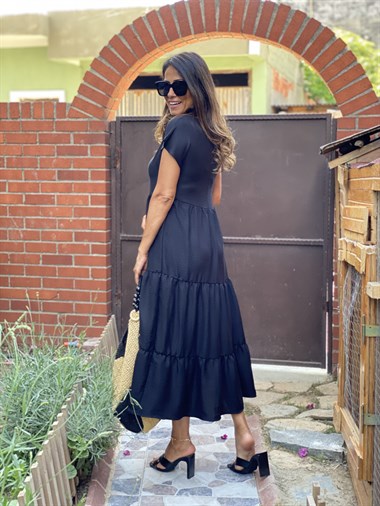 Siyah Keten Aerobin V Yaka Maksi Boy Katlı Kadın Elbise