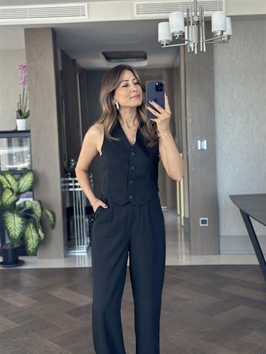 Siyah Keten Aerobin Yelek Pantolon Kadın Takım