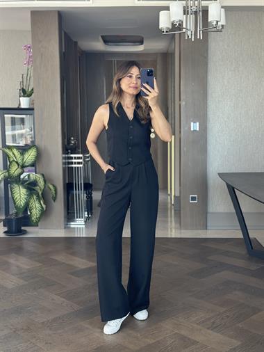 Siyah Keten Aerobin Yelek Pantolon Kadın Takım