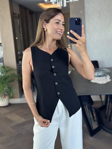 Siyah Keten Beş Düğmeli Astarlı Kadın Yelek