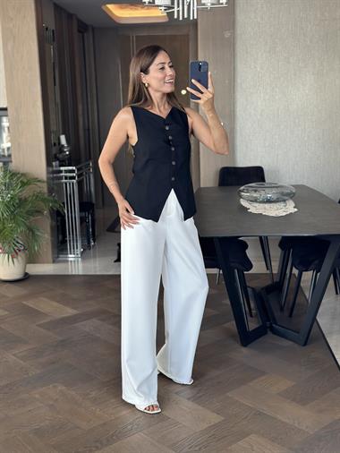 Siyah Keten Beş Düğmeli Astarlı Kadın Yelek