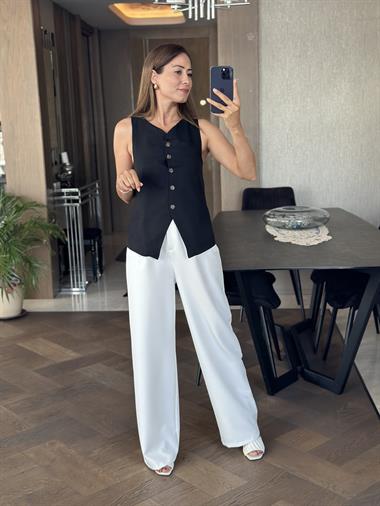 Siyah Keten Beş Düğmeli Astarlı Kadın Yelek