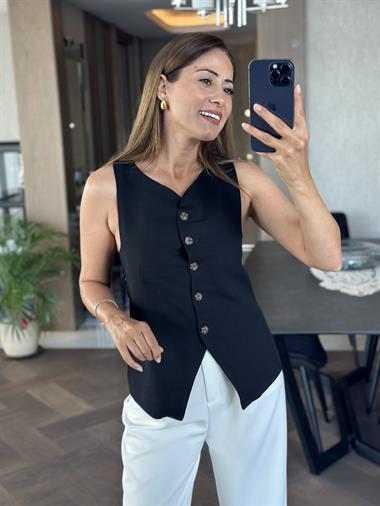 Siyah Keten Beş Düğmeli Astarlı Kadın Yelek