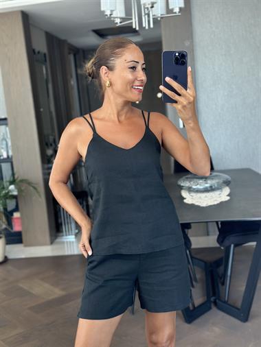 Siyah Keten Çift Askılı Bluz Şort Kadın Alt Üst Takım