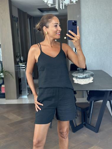 Siyah Keten Çift Askılı Bluz Şort Kadın Alt Üst Takım