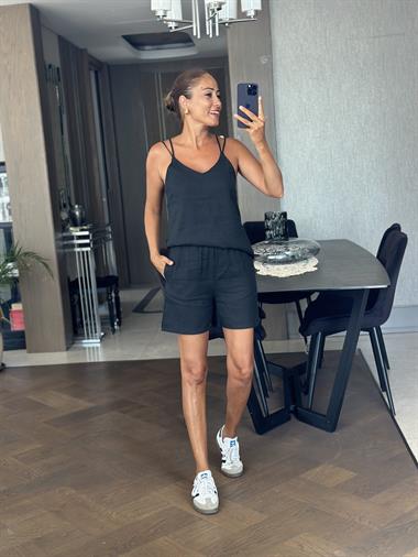 Siyah Keten Çift Askılı Bluz Şort Kadın Alt Üst Takım