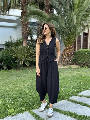 Siyah Keten Dört Düğmeli Yelek Balon Pantolon Kadın Alt Üst Takım