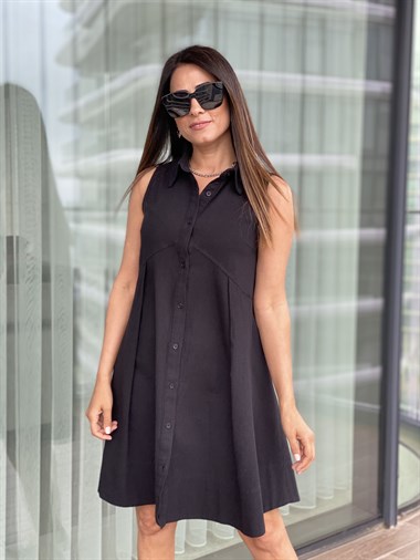 Siyah Keten Gömlek Elbise