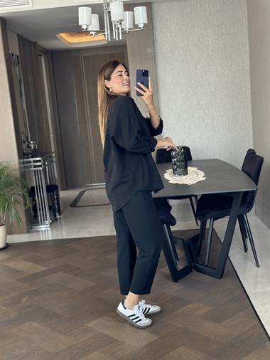 Siyah Keten Oversize Kadın Gömlek