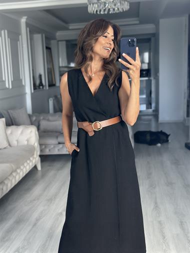 Siyah Keten Tek Düğmeli Kemerli Kruvaze Midi Boy Kadın Elbise 