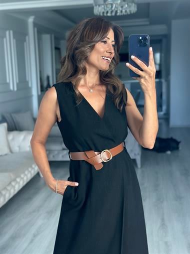 Siyah Keten Tek Düğmeli Kemerli Kruvaze Midi Boy Kadın Elbise 