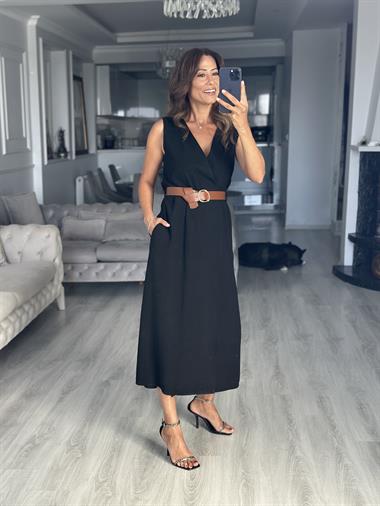 Siyah Keten Tek Düğmeli Kemerli Kruvaze Midi Boy Kadın Elbise 