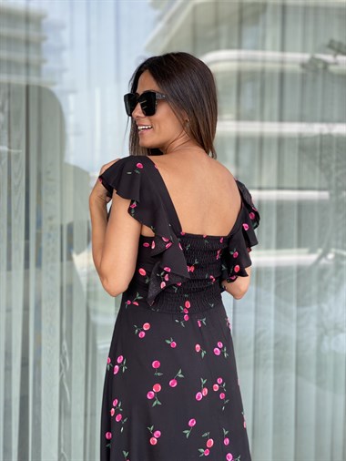 Siyah Kiraz Desenli Önü Düğmeli Ve Volanlı Viskon Kadın Elbise