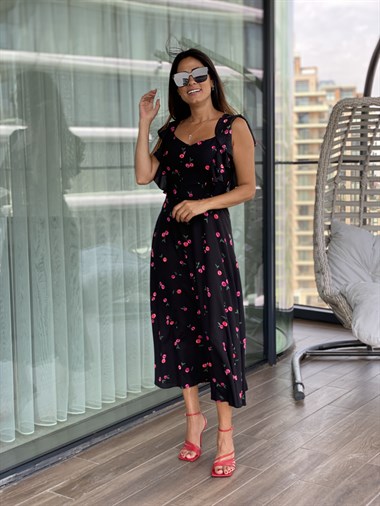 Siyah Kiraz Desenli Önü Düğmeli Ve Volanlı Viskon Kadın Elbise