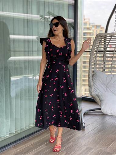 Siyah Kiraz Desenli Önü Düğmeli Ve Volanlı Viskon Kadın Elbise