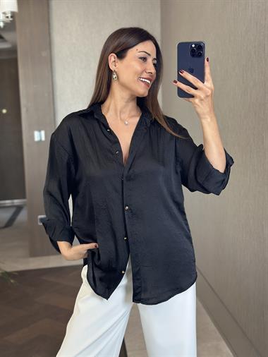 Siyah Kırışık Saten Uzun Kol Kadın Gömlek