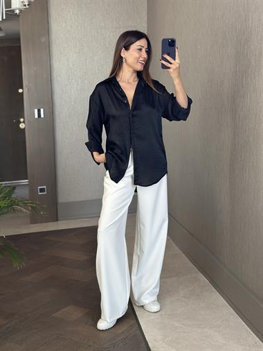 Siyah Kırışık Saten Uzun Kol Kadın Gömlek