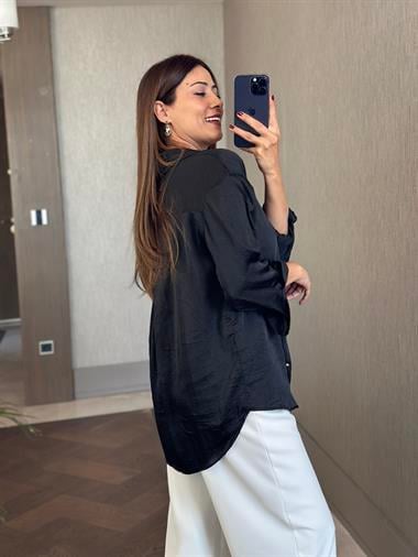 Siyah Kırışık Saten Uzun Kol Kadın Gömlek