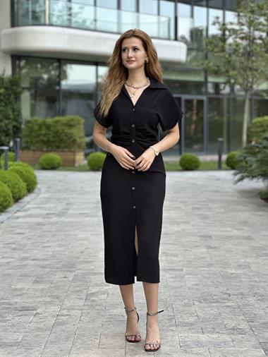 Siyah Kısa Kol Beli Drapeli Kadın Gömlek Elbise
