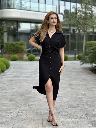Siyah Kısa Kol Beli Drapeli Kadın Gömlek Elbise
