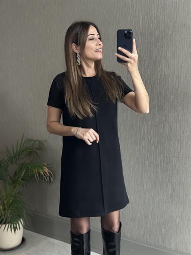 Siyah Kısa Kol Bisiklet Yaka Fitilli Kadife Kadın Mini Elbise