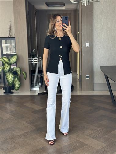 Siyah Kısa Kol Eteği V Güneş Serisi Kadın Bluz